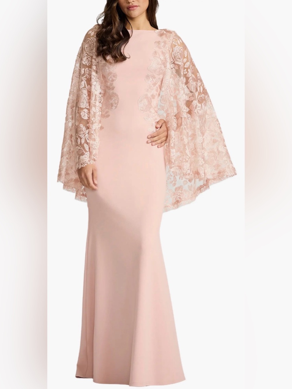 NEW Tadashi Shoji Margolin Embroidered Capelet Long Sleeve Pale Pink Gown Sz 6